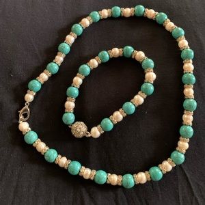 Matching turquoise and white bead necklace and bracelet set.  NWOT